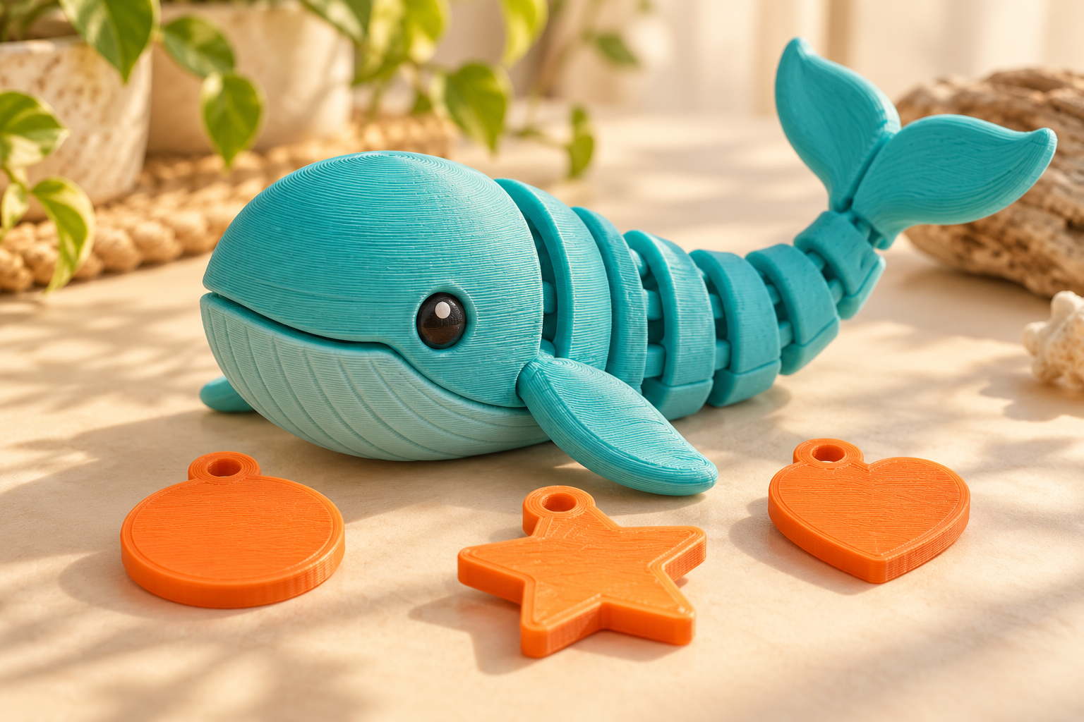 Illustrative articulated turquoise whale and colourful 3D printed keychain blanks