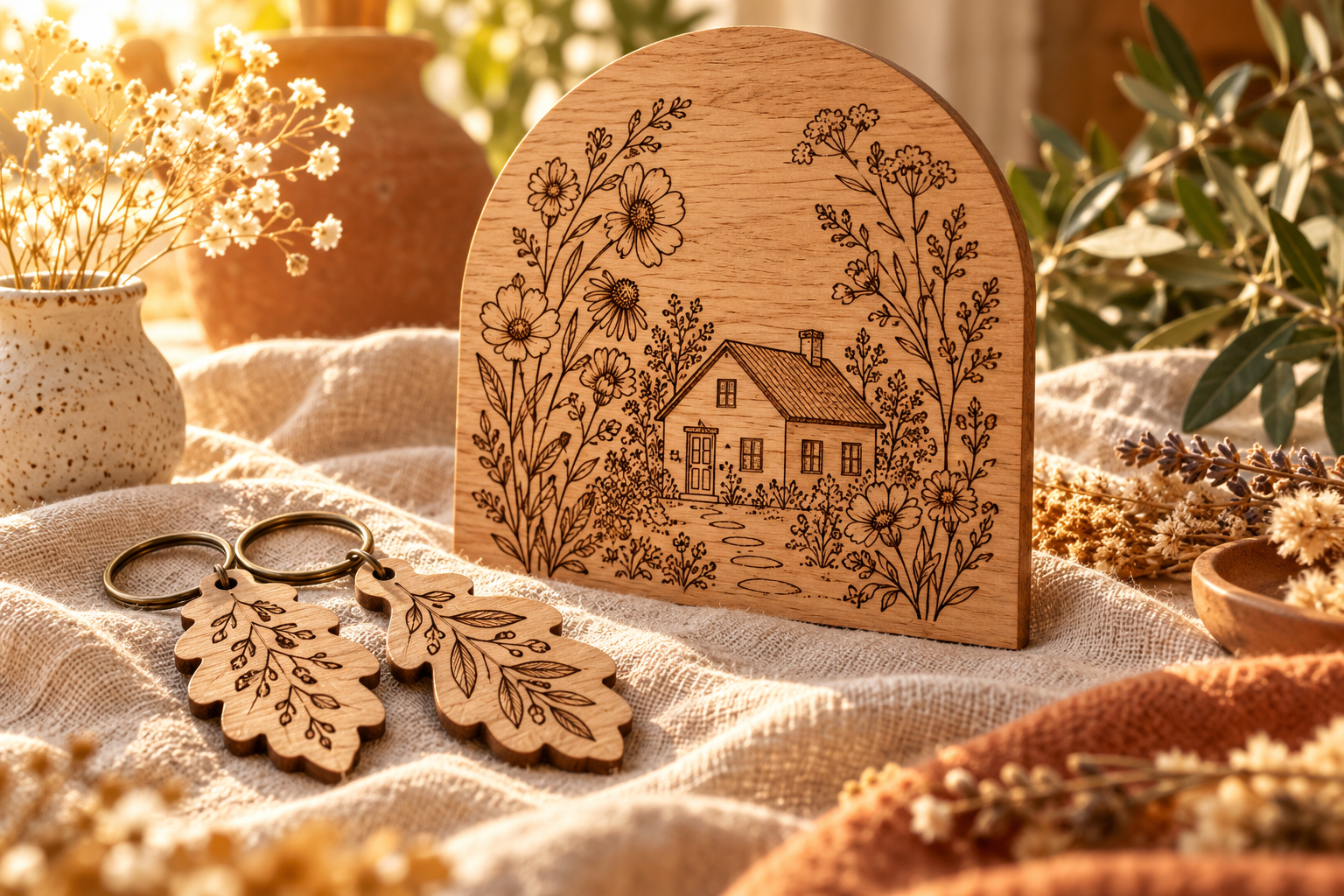 Illustrative engraved wooden keepsake and botanical keyrings